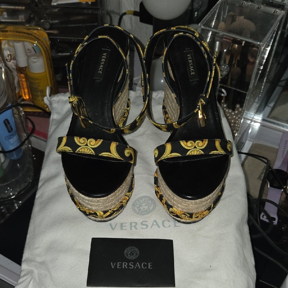 Versace Black and Gold Espadrille Sandals